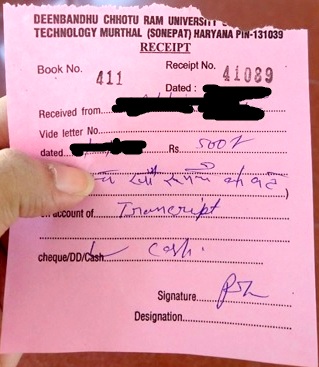 fee slip for transcript application at DCRUST Murthal